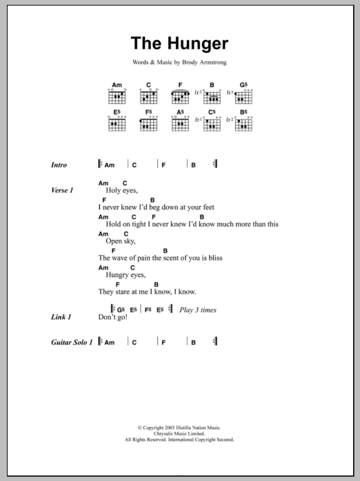 The Distillers The Hunger sheet music notes and chords arranged for Guitar Chords/Lyrics
