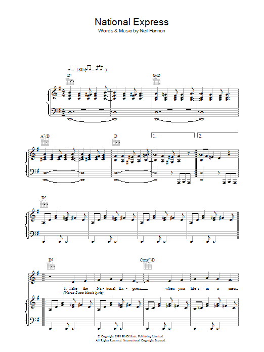 The Divine Comedy National Express sheet music notes and chords arranged for Piano, Vocal & Guitar Chords