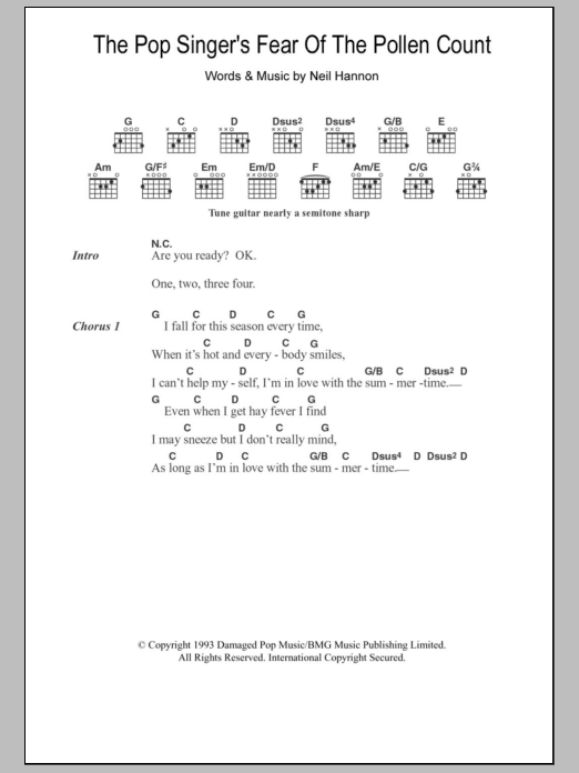 The Divine Comedy The Pop Singer's Fear Of The Pollen Count sheet music notes and chords arranged for Piano, Vocal & Guitar Chords