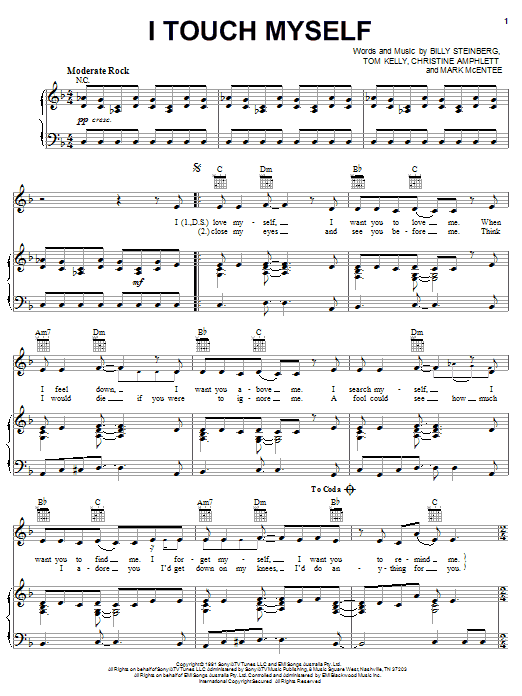 The Divinyls I Touch Myself sheet music notes and chords arranged for Piano, Vocal & Guitar Chords (Right-Hand Melody)