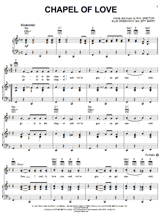 The Dixie Cups Chapel Of Love sheet music notes and chords arranged for Piano, Vocal & Guitar Chords (Right-Hand Melody)