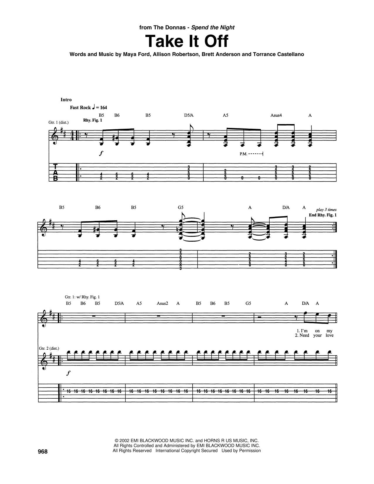 The Donnas Take It Off sheet music notes and chords arranged for Guitar Chords/Lyrics