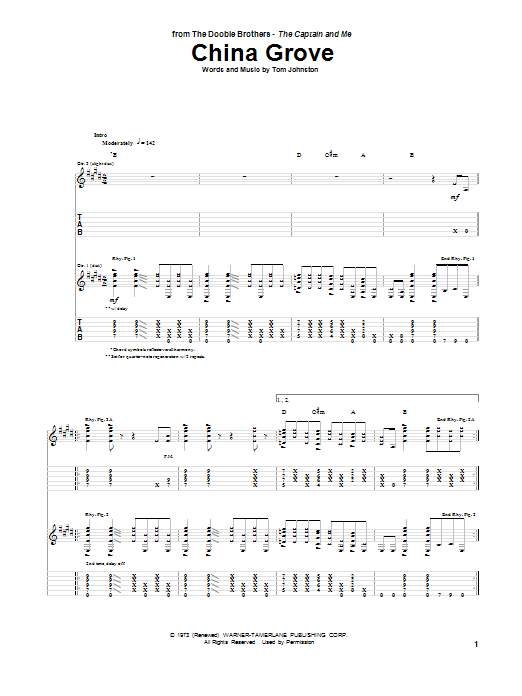 The Doobie Brothers China Grove sheet music notes and chords arranged for Easy Piano