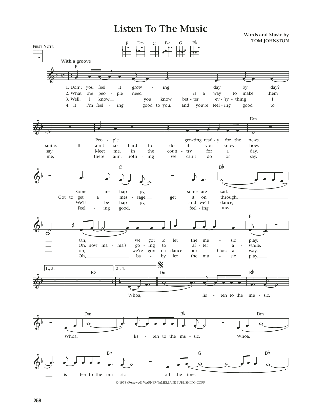 The Doobie Brothers Listen To The Music (from The Daily Ukulele) (arr. Jim Beloff) sheet music notes and chords arranged for Ukulele