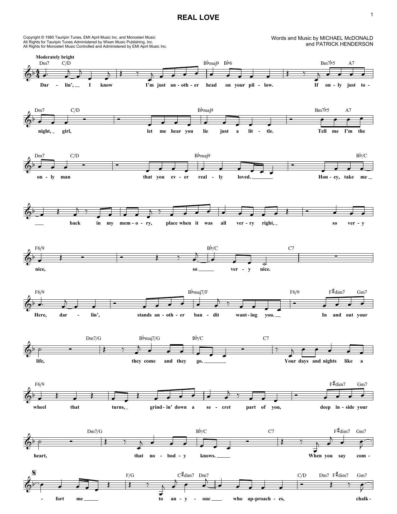 The Doobie Brothers Real Love sheet music notes and chords arranged for Real Book – Melody & Chords