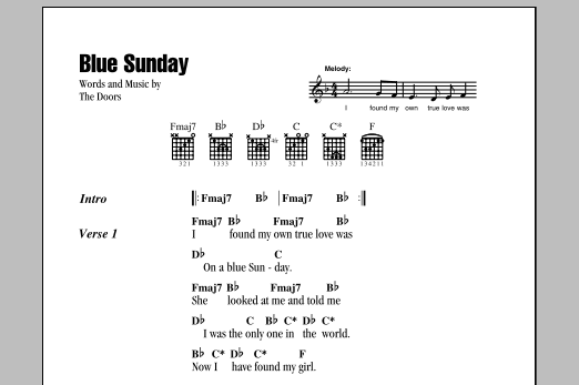 The Doors Blue Sunday sheet music notes and chords arranged for Guitar Chords/Lyrics
