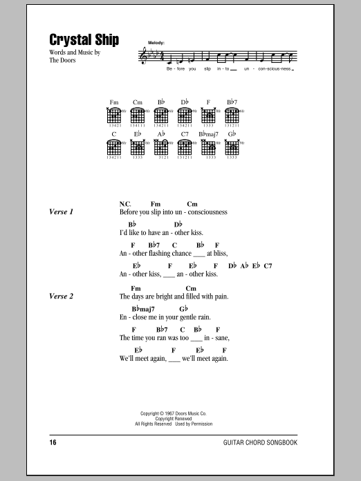 The Doors Crystal Ship sheet music notes and chords arranged for Piano, Vocal & Guitar Chords (Right-Hand Melody)