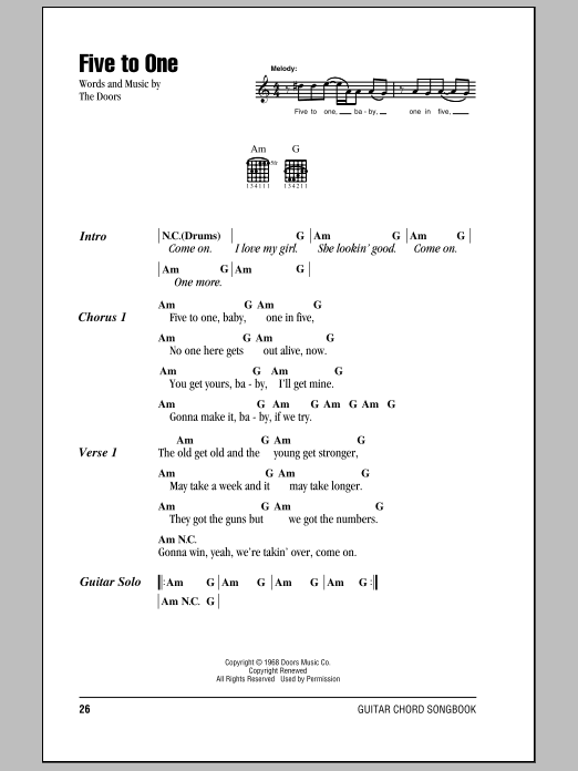 The Doors Five To One sheet music notes and chords arranged for Guitar Chords/Lyrics