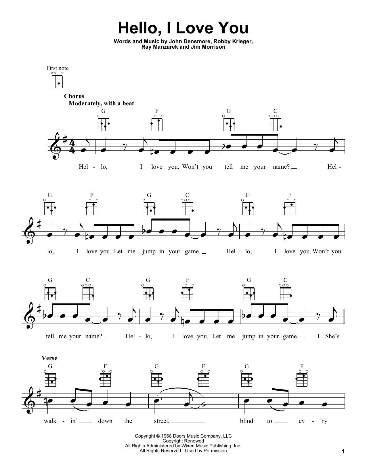 The Doors Hello, I Love You sheet music notes and chords arranged for Ukulele