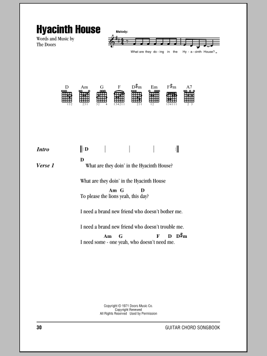The Doors Hyacinth House sheet music notes and chords arranged for Ukulele