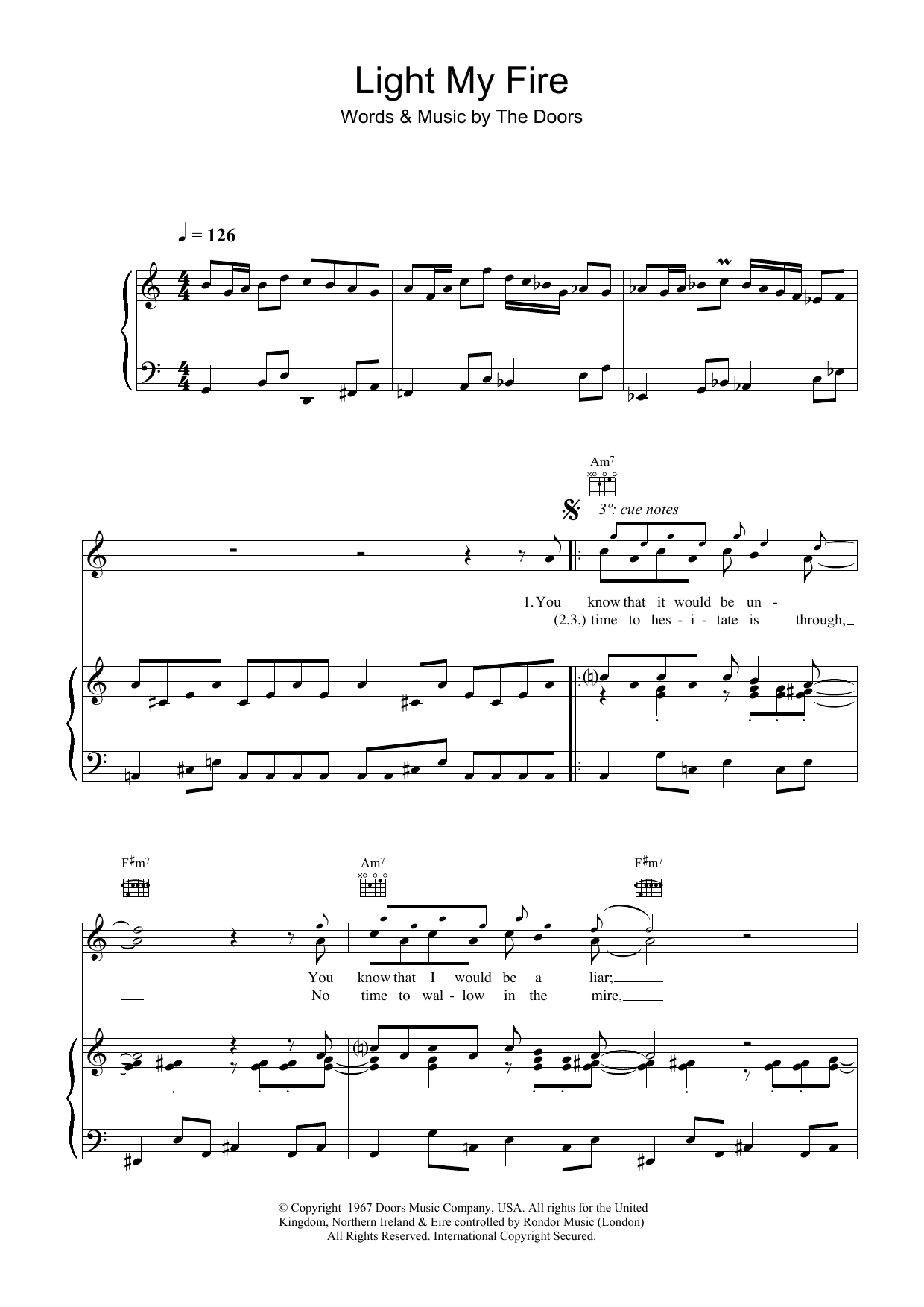 The Doors Light My Fire sheet music notes and chords arranged for Violin Solo