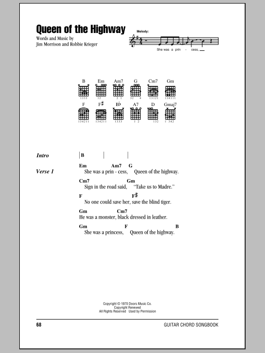 The Doors Queen Of The Highway sheet music notes and chords arranged for Guitar Chords/Lyrics
