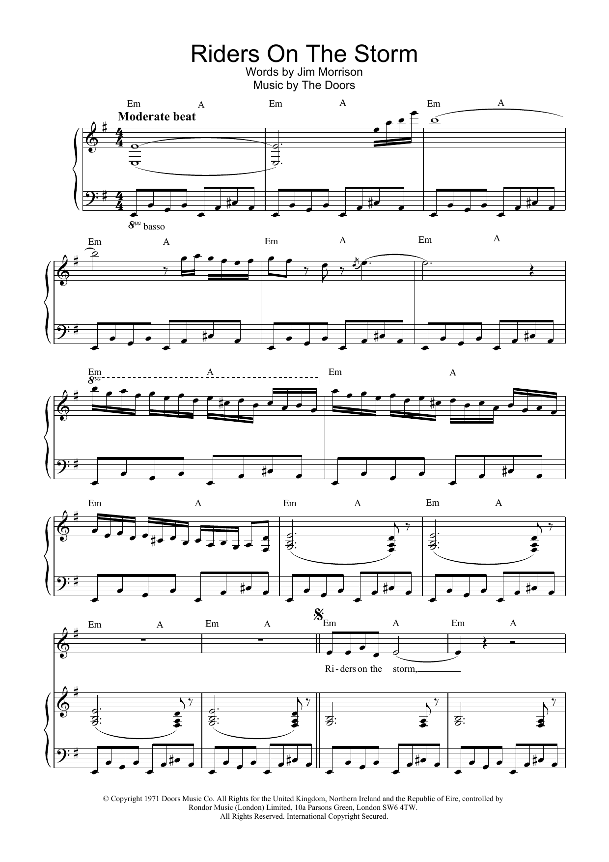 The Doors Riders On The Storm sheet music notes and chords arranged for Guitar Chords/Lyrics