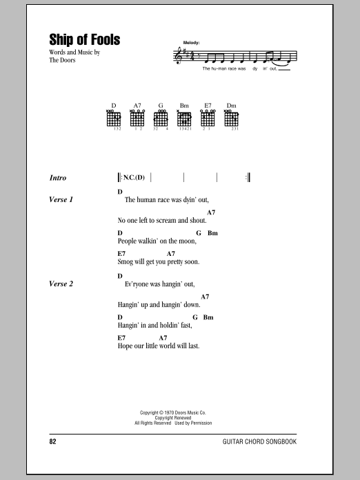 The Doors Ship Of Fools sheet music notes and chords arranged for Really Easy Guitar