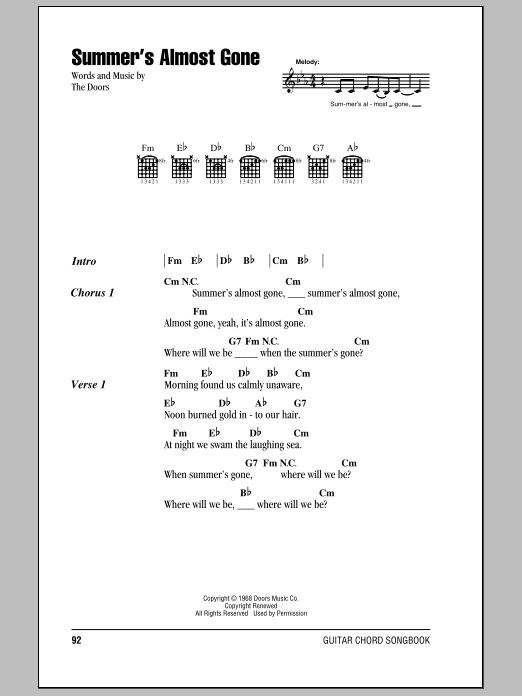 The Doors Summer's Almost Gone sheet music notes and chords arranged for Guitar Chords/Lyrics