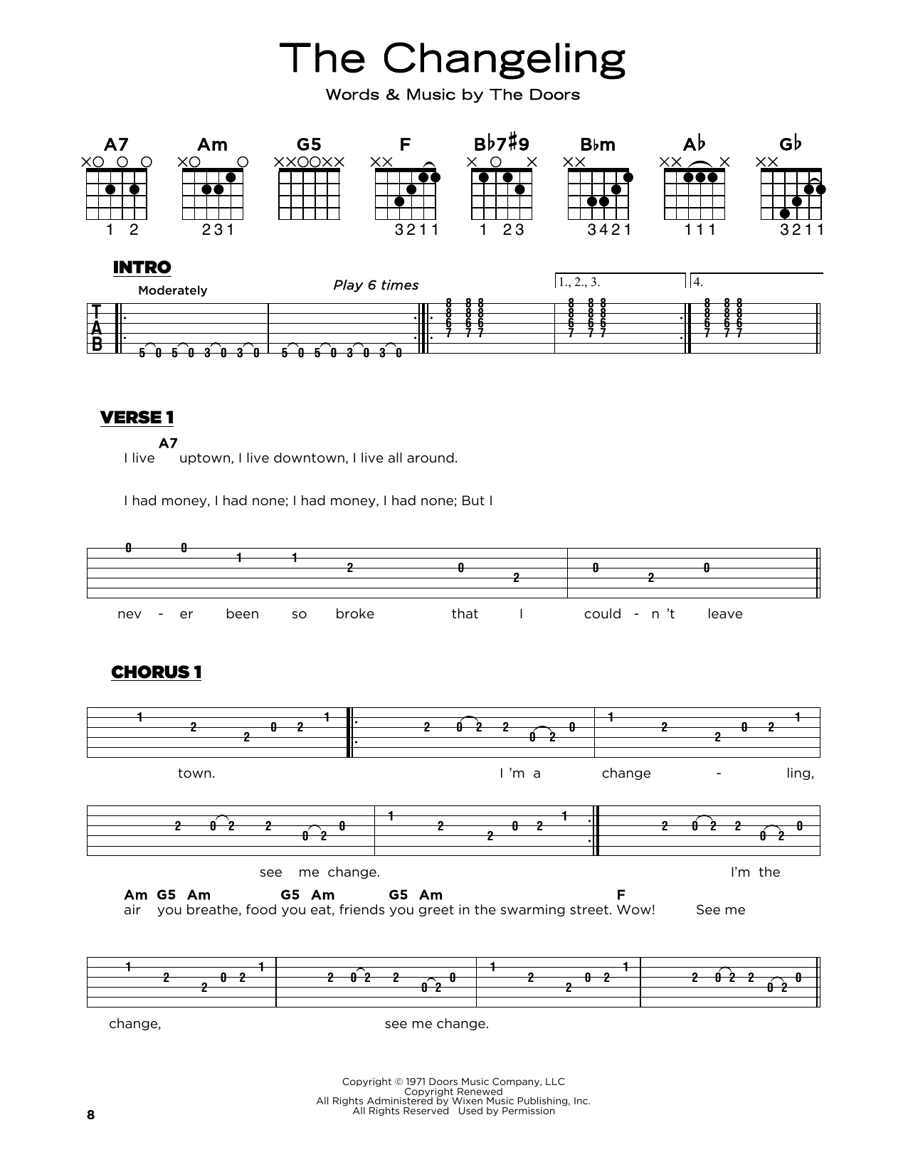 The Doors The Changeling sheet music notes and chords arranged for Really Easy Guitar