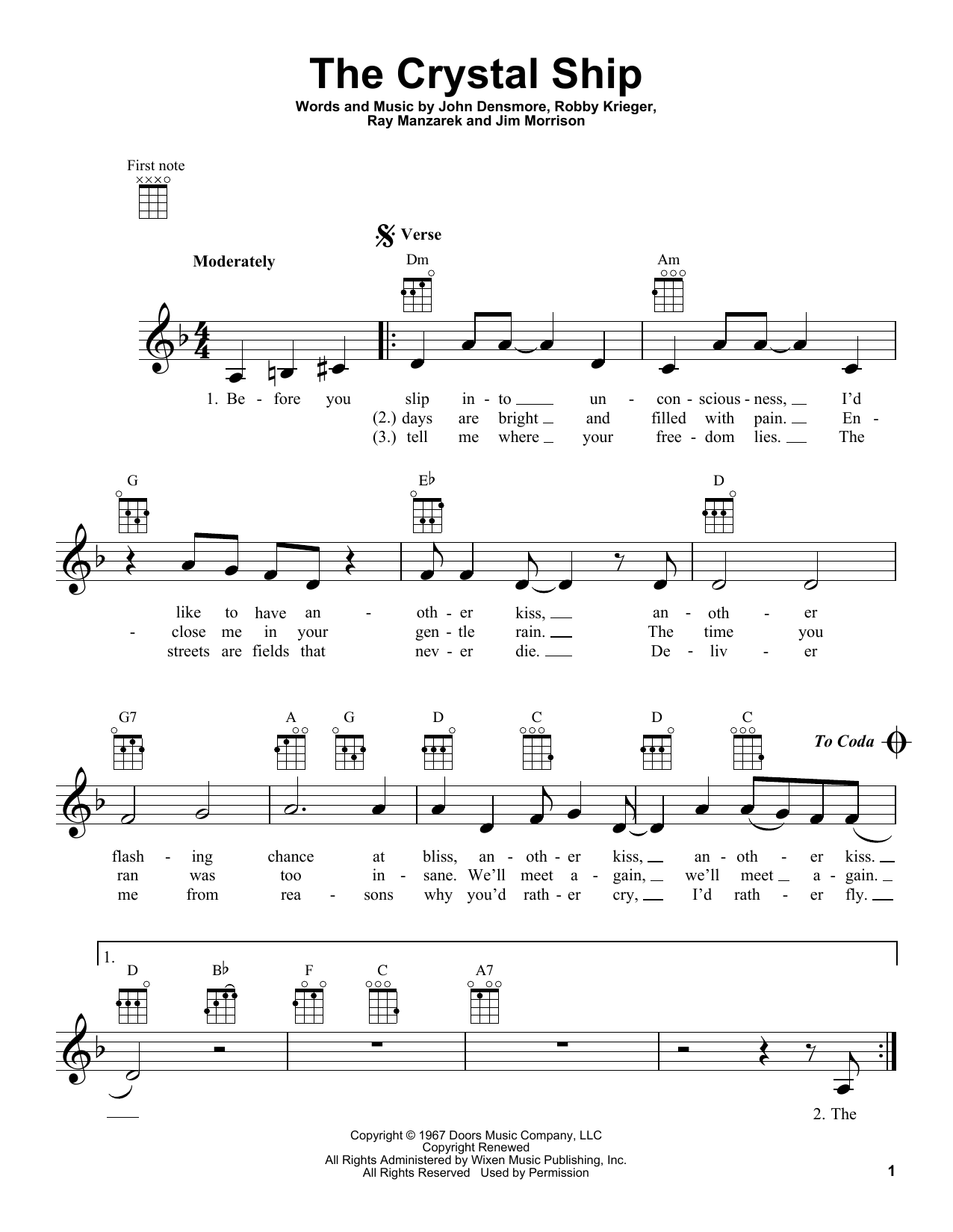 The Doors The Crystal Ship sheet music notes and chords arranged for Ukulele