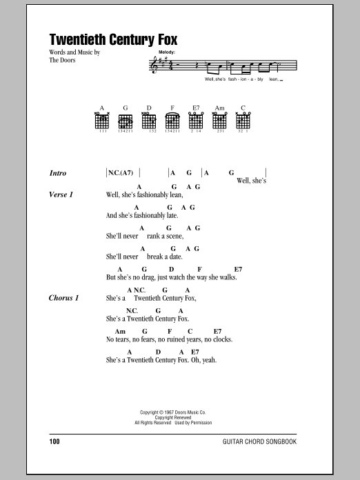The Doors Twentieth Century Fox sheet music notes and chords arranged for Guitar Chords/Lyrics