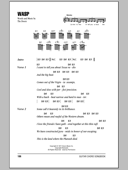 The Doors WASP sheet music notes and chords arranged for Guitar Chords/Lyrics