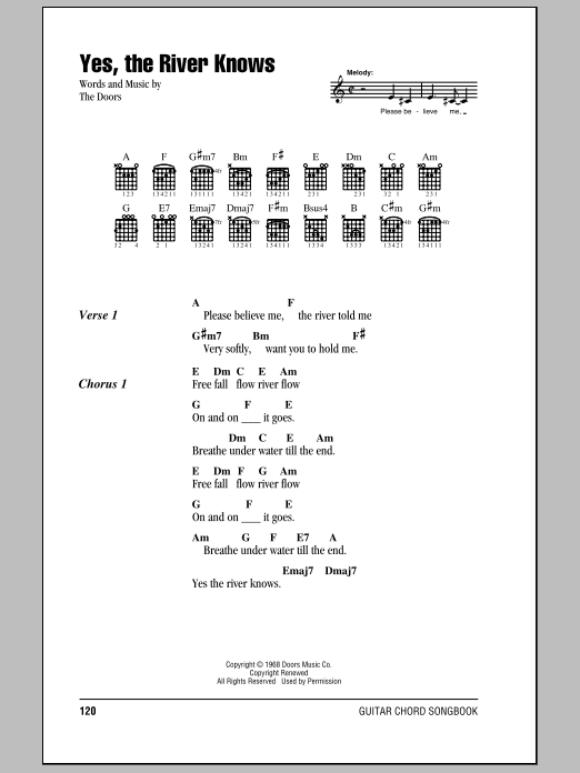 The Doors Yes, The River Knows sheet music notes and chords arranged for Guitar Chords/Lyrics