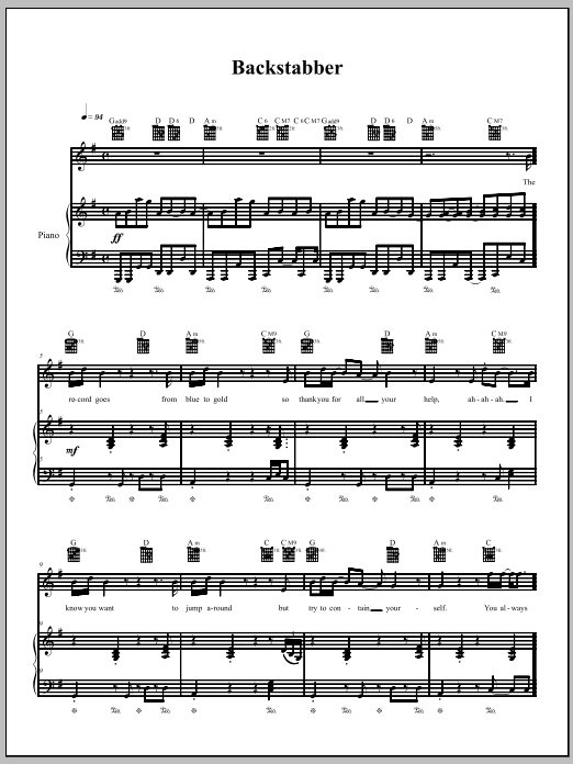 The Dresden Dolls Backstabber sheet music notes and chords arranged for Piano, Vocal & Guitar Chords (Right-Hand Melody)