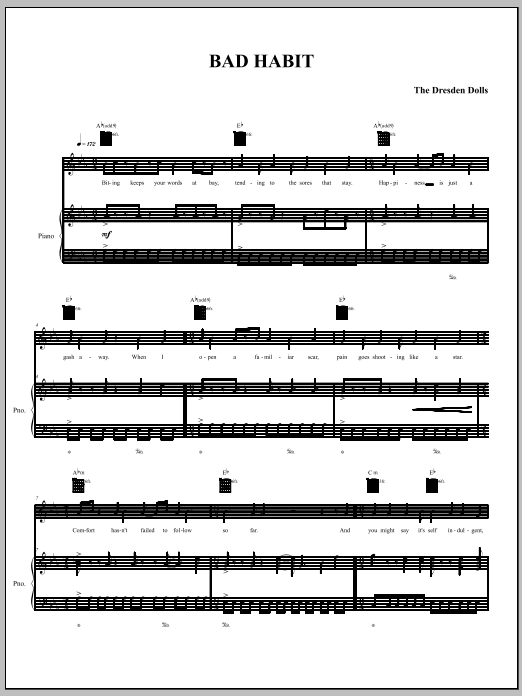 The Dresden Dolls Bad Habit sheet music notes and chords arranged for Piano, Vocal & Guitar Chords (Right-Hand Melody)
