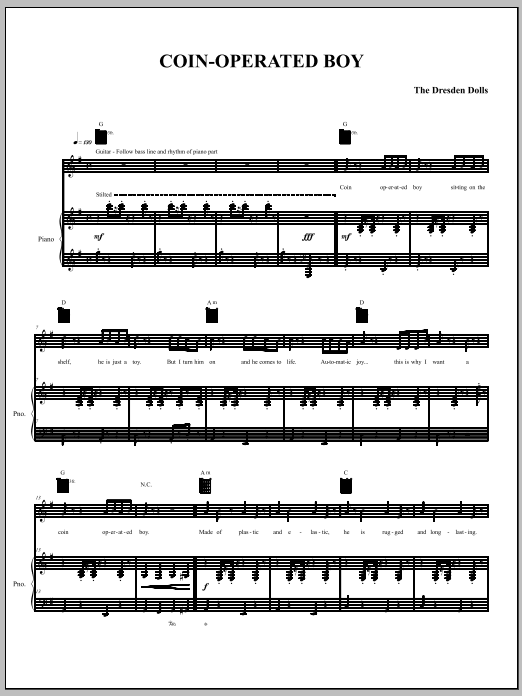 The Dresden Dolls Coin-Operated Boy sheet music notes and chords arranged for Piano, Vocal & Guitar Chords (Right-Hand Melody)