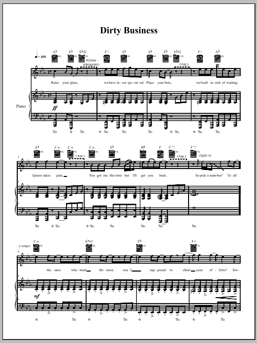 The Dresden Dolls Dirty Business sheet music notes and chords arranged for Piano, Vocal & Guitar Chords (Right-Hand Melody)