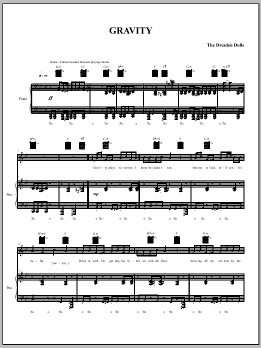 The Dresden Dolls Gravity sheet music notes and chords arranged for Piano, Vocal & Guitar Chords (Right-Hand Melody)