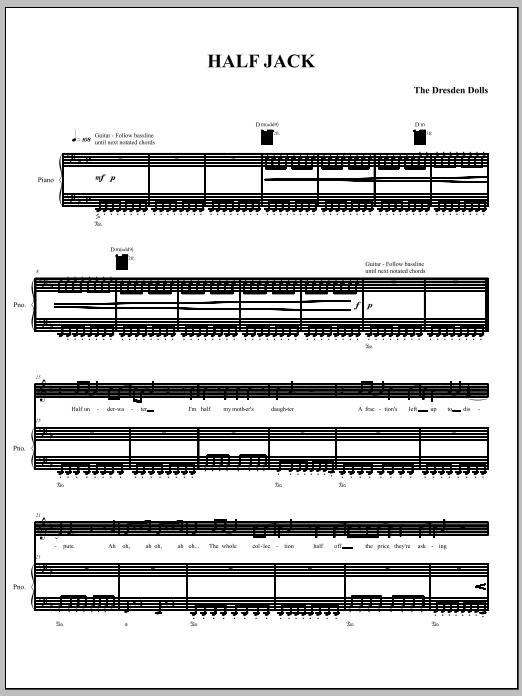 The Dresden Dolls Half Jack sheet music notes and chords arranged for Piano, Vocal & Guitar Chords (Right-Hand Melody)