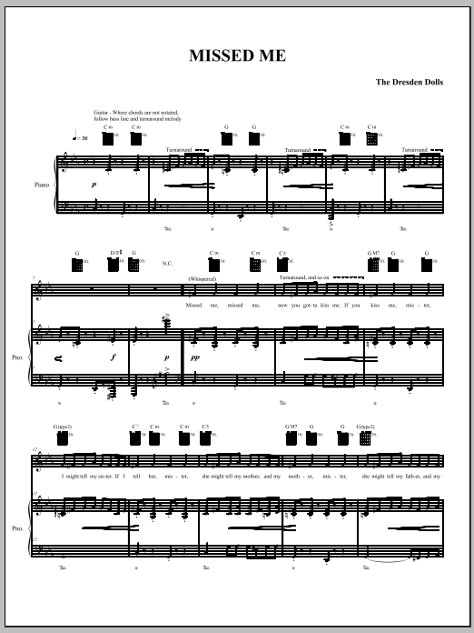 The Dresden Dolls Missed Me sheet music notes and chords arranged for Piano, Vocal & Guitar Chords (Right-Hand Melody)