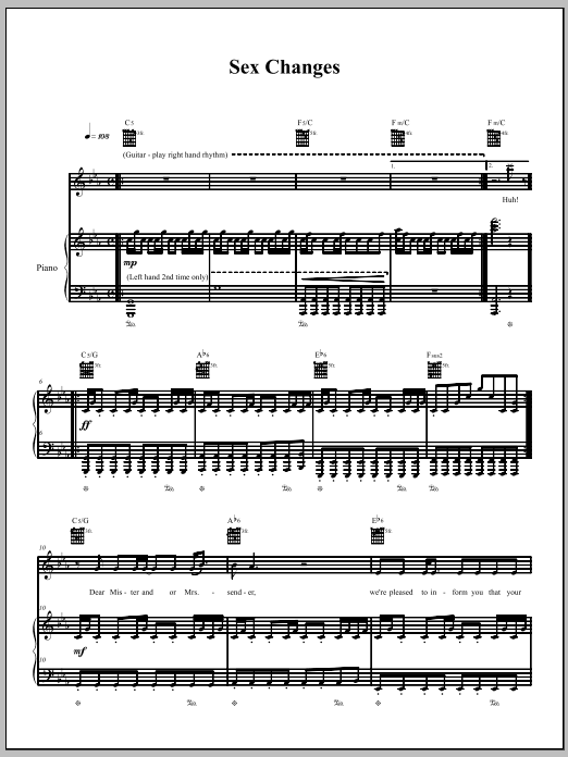 The Dresden Dolls Sex Changes sheet music notes and chords arranged for Piano, Vocal & Guitar Chords (Right-Hand Melody)