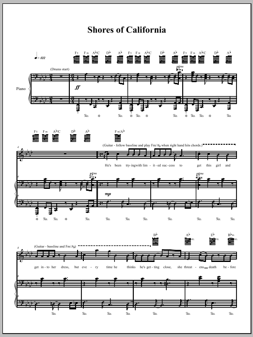 The Dresden Dolls Shores Of California sheet music notes and chords arranged for Piano, Vocal & Guitar Chords (Right-Hand Melody)