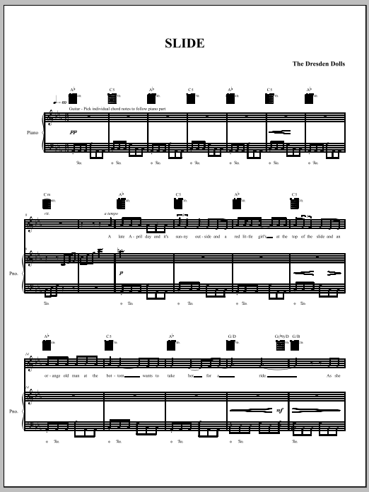 The Dresden Dolls Slide sheet music notes and chords arranged for Piano, Vocal & Guitar Chords (Right-Hand Melody)