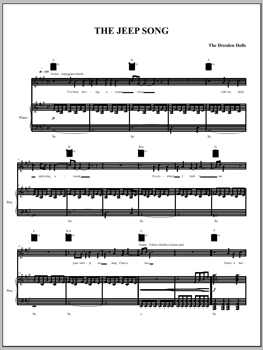 The Dresden Dolls The Jeep Song sheet music notes and chords arranged for Piano, Vocal & Guitar Chords (Right-Hand Melody)