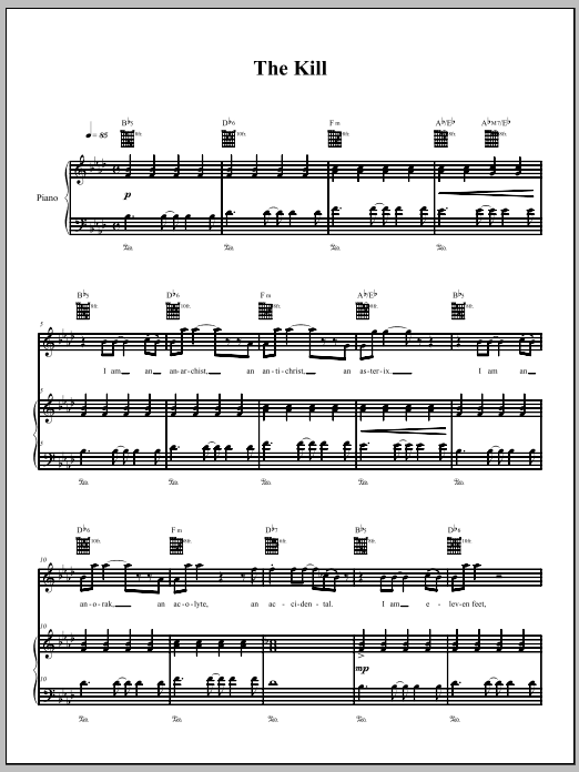 The Dresden Dolls The Kill sheet music notes and chords arranged for Piano, Vocal & Guitar Chords (Right-Hand Melody)