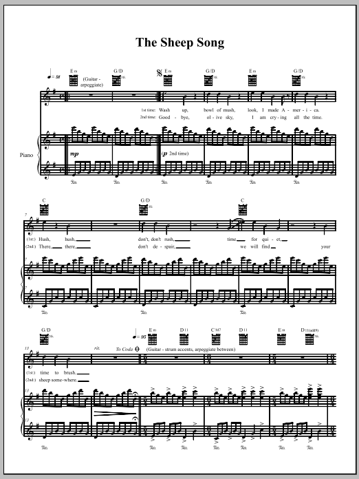 The Dresden Dolls The Sheep Song sheet music notes and chords arranged for Piano, Vocal & Guitar Chords (Right-Hand Melody)