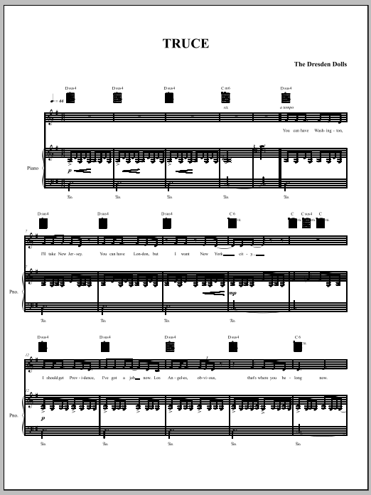 The Dresden Dolls Truce sheet music notes and chords arranged for Piano, Vocal & Guitar Chords (Right-Hand Melody)