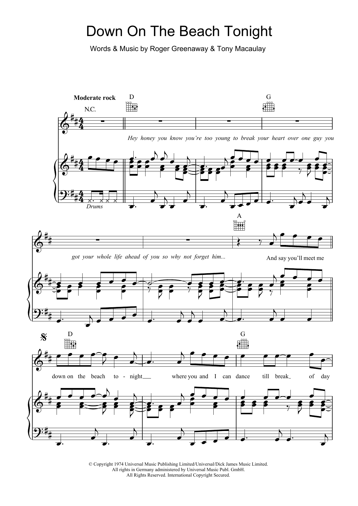 The Drifters Down On The Beach Tonight sheet music notes and chords arranged for Piano, Vocal & Guitar Chords