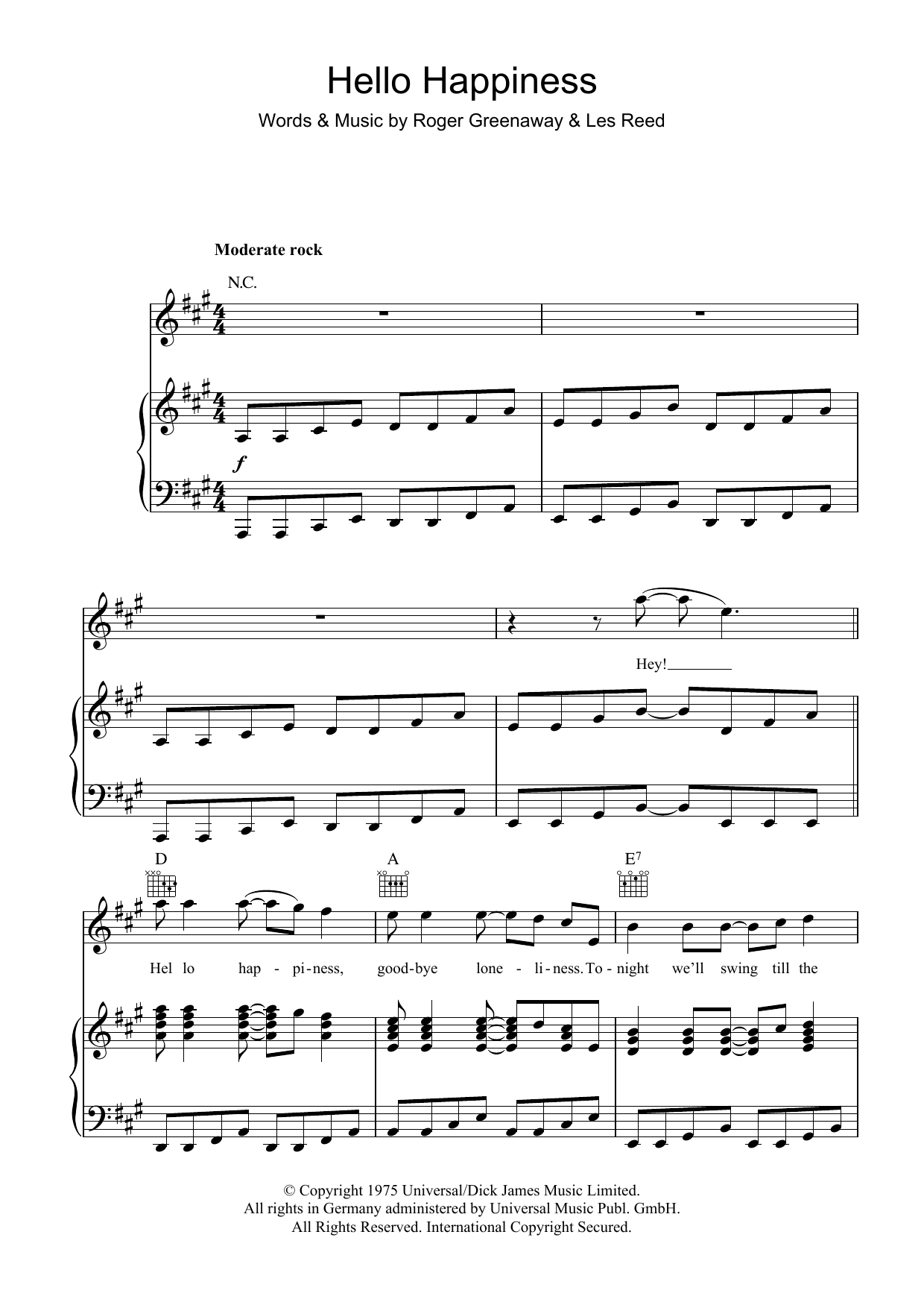 The Drifters Hello Happiness sheet music notes and chords arranged for Piano, Vocal & Guitar Chords