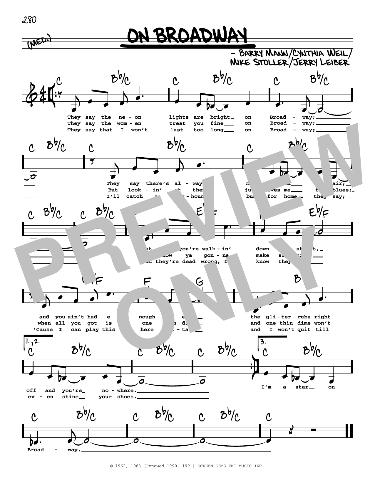 The Drifters On Broadway (Low Voice) sheet music notes and chords arranged for Real Book – Melody, Lyrics & Chords