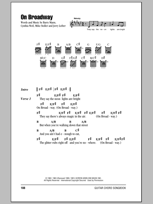 The Drifters On Broadway sheet music notes and chords arranged for Guitar Chords/Lyrics