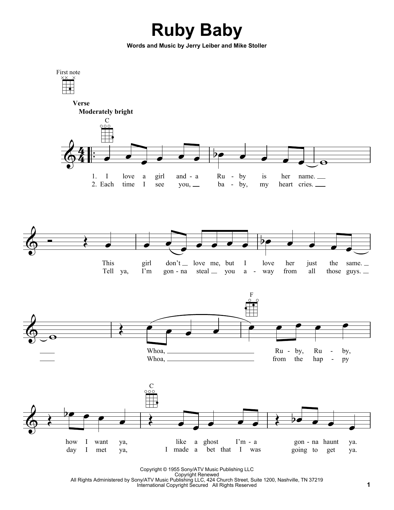 The Drifters Ruby Baby sheet music notes and chords arranged for Ukulele