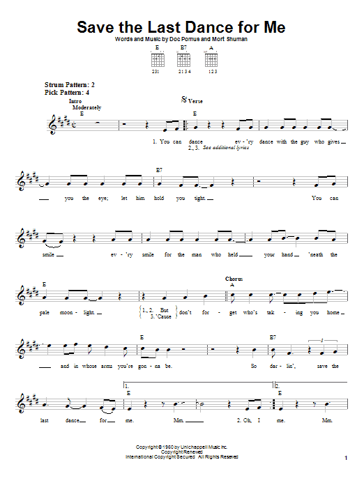 The Drifters Save The Last Dance For Me sheet music notes and chords arranged for Ukulele