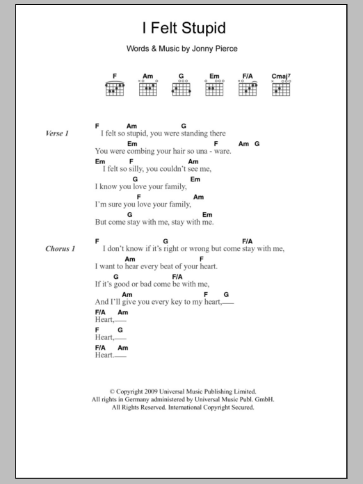 The Drums I Felt Stupid sheet music notes and chords arranged for Guitar Chords/Lyrics