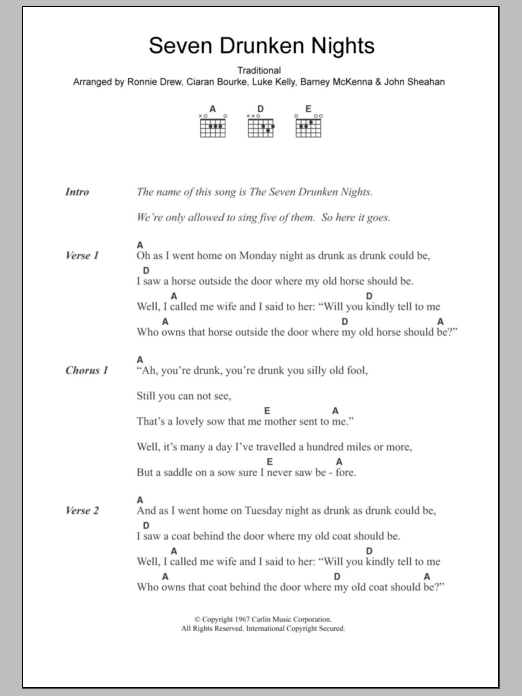The Dubliners Seven Drunken Nights sheet music notes and chords arranged for Guitar Chords/Lyrics