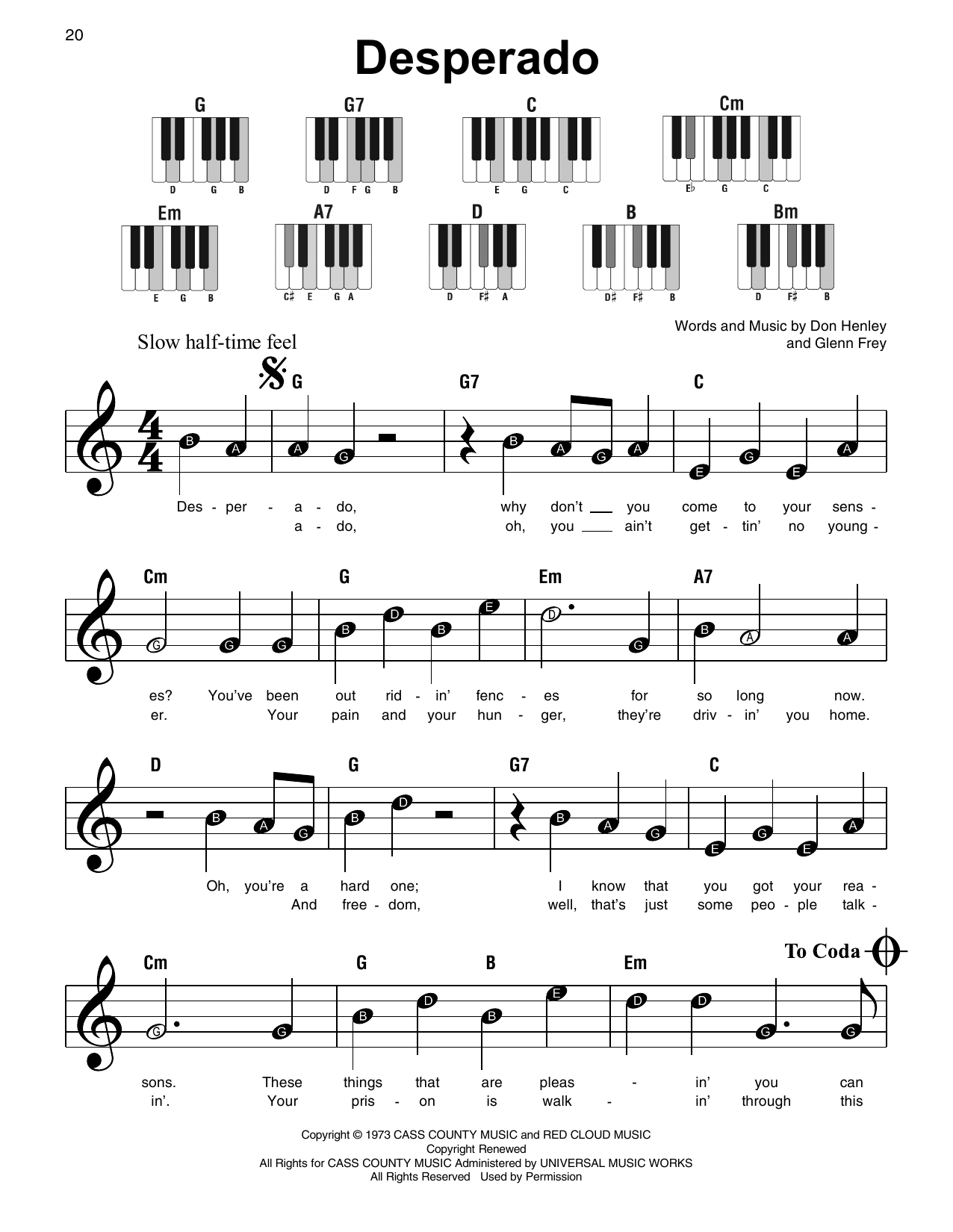 The Eagles Desperado sheet music notes and chords arranged for Super Easy Piano