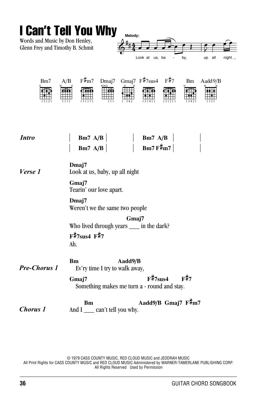 Eagles I Can't Tell You Why sheet music notes and chords arranged for Piano, Vocal & Guitar Chords (Right-Hand Melody)