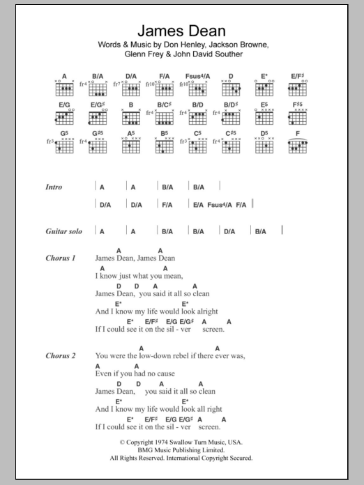 Eagles James Dean sheet music notes and chords arranged for Guitar Chords/Lyrics