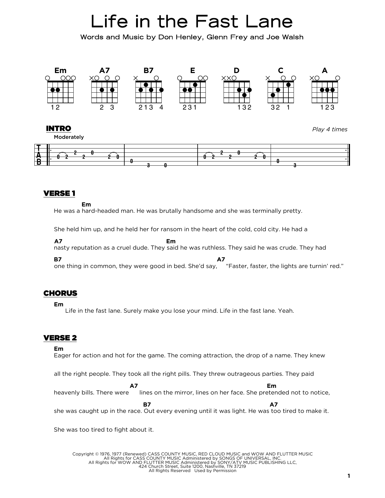 The Eagles Life In The Fast Lane sheet music notes and chords arranged for Really Easy Guitar